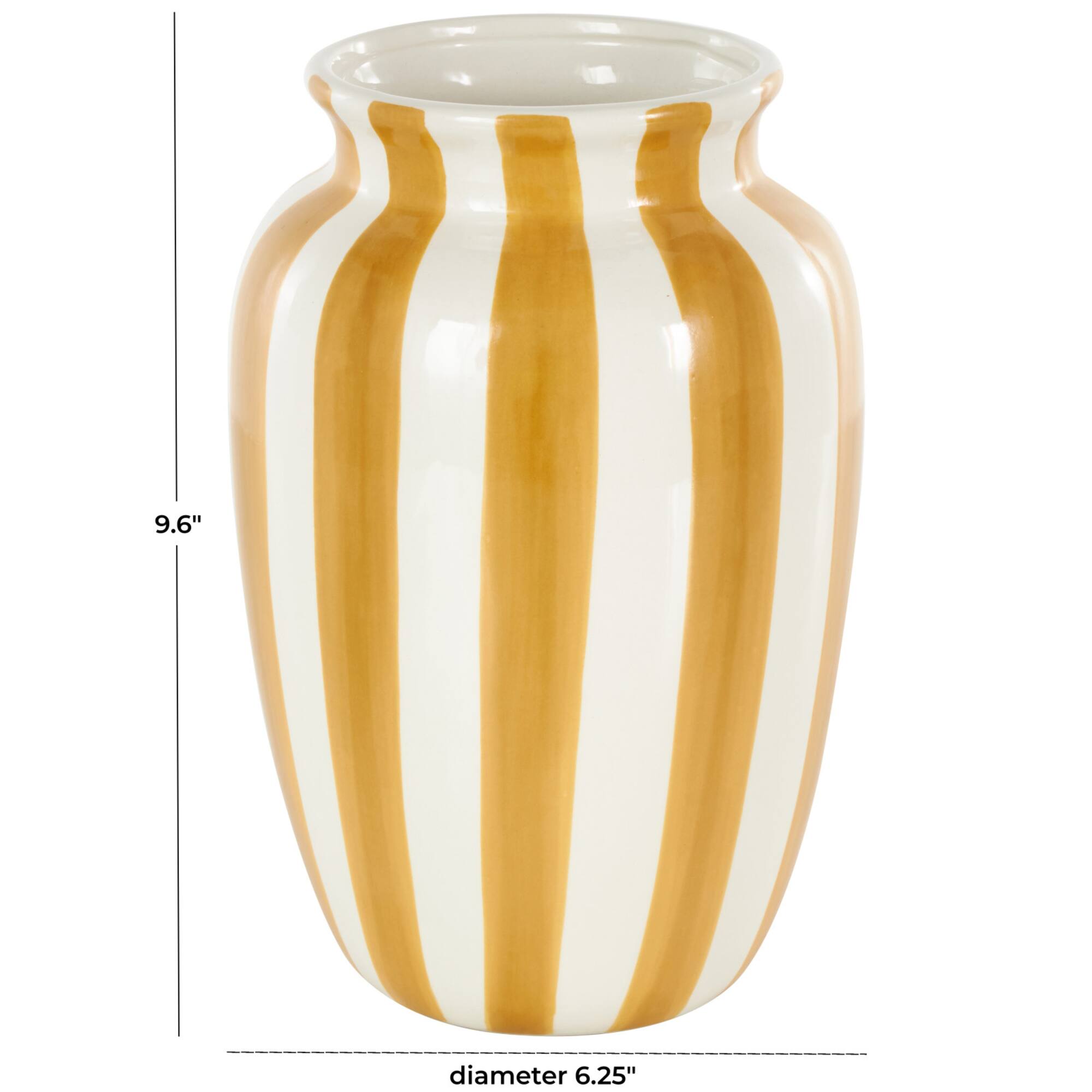 9.5" White & Yellow Stripes Round Wide Ceramic Vase